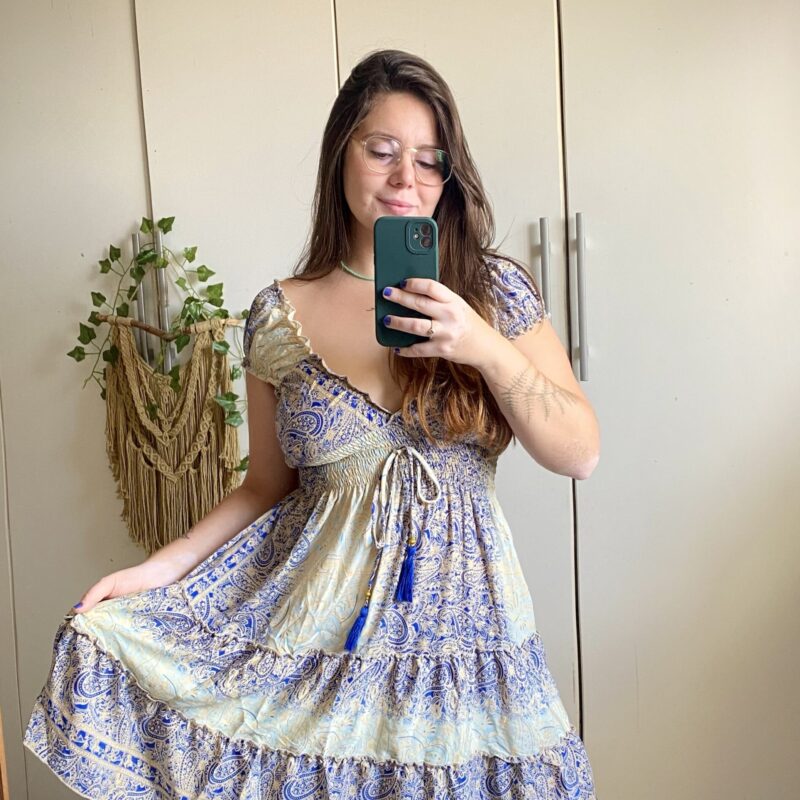 Vestido Flora Seda Indiana - Azul e Verde água