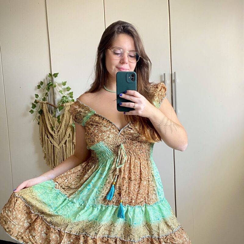 Vestido Flora Seda Indiana - Verde e Marrom