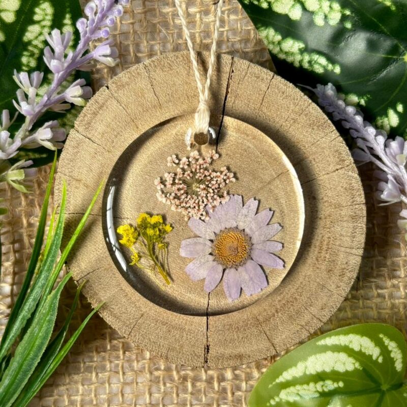 Colar em resina botânica com Flor Margarida/Renda da rainha/Sempre viva