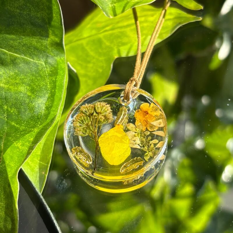 Colar em resina botânica com Flor de Calêndula, Samambaia, Gipsofila e Margarida