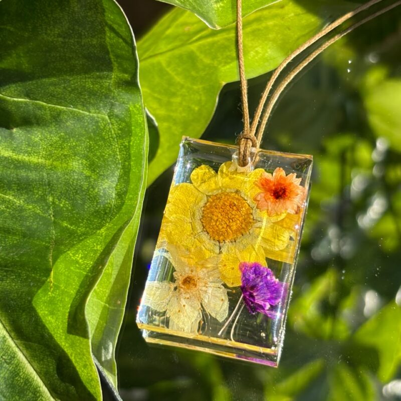 Colar em resina botânica com Flor de Margarida amarela, Sempre viva e Mini flor do campo