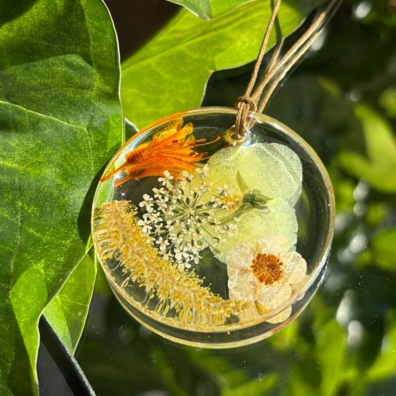 Colar em resina botânica com Flor Renda da rainha, Hortênsia, Sempre viva, Flor de Cosmos e Rabo de Gato