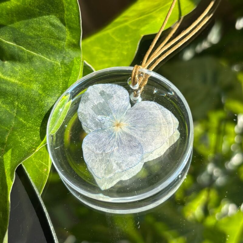 Colar em resina botânica com Flor Hortênsia