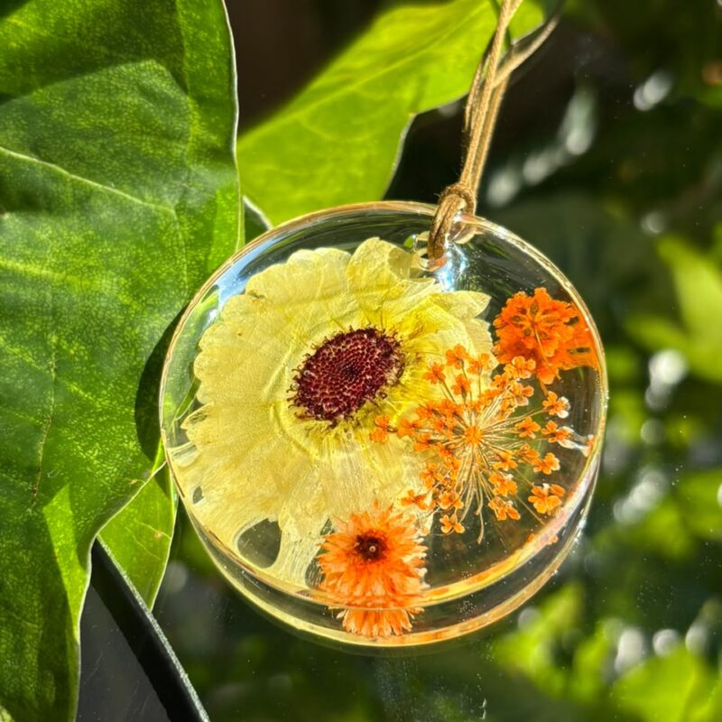 Colar em resina botânica com Flor Margarida amarela, Flor de cenoura, Renda da rainha e Sempre viva